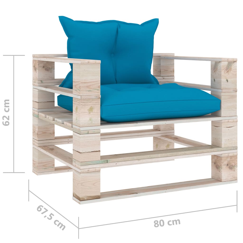 vidaXL Sofa ogrodowa z palet, z niebieskimi poduszkami, drewno sosnowe
