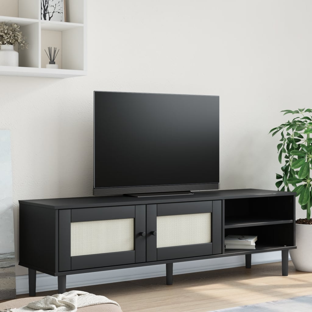 vidaXL Szafka TV SENJA, z plecionką, czarna, 158x40x49 cm, sosnowa