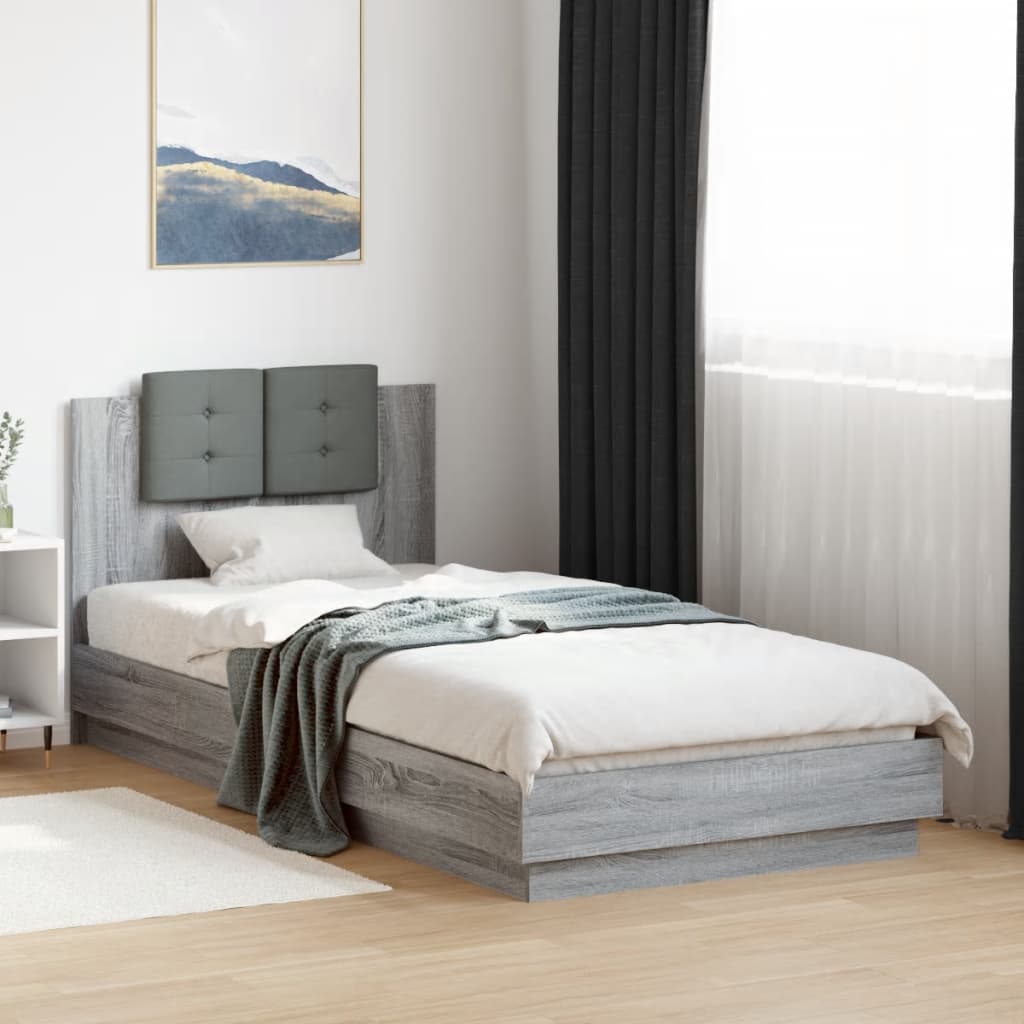 vidaXL Rama łóżka z wezgłowiem i LED, szary dąb sonoma, 90x200 cm