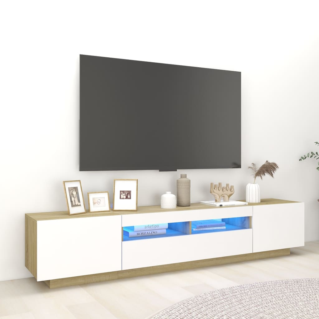 vidaXL Szafka TV z oświetleniem LED, biel i dąb sonoma, 200x35x4 cm