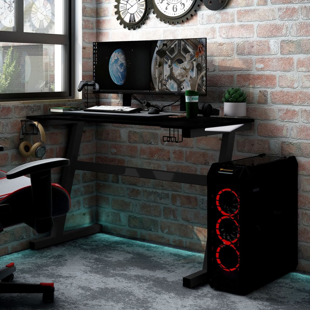 vidaXL Biurko gamingowe z LED, nogi w kształcie Z, czarne, 90x60x75 cm