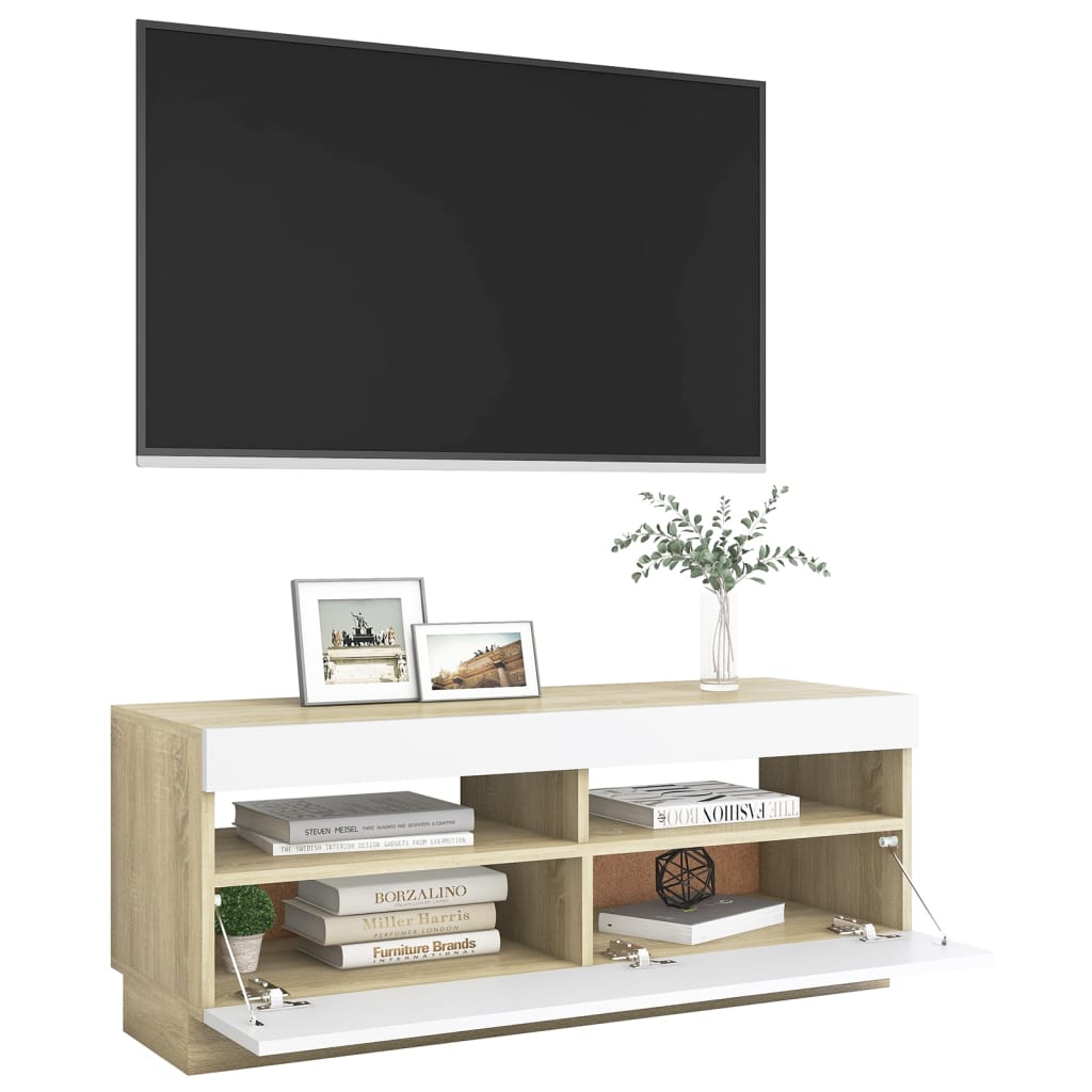 vidaXL Szafka TV z oświetleniem LED, biel i dąb sonoma, 100x35x40 cm