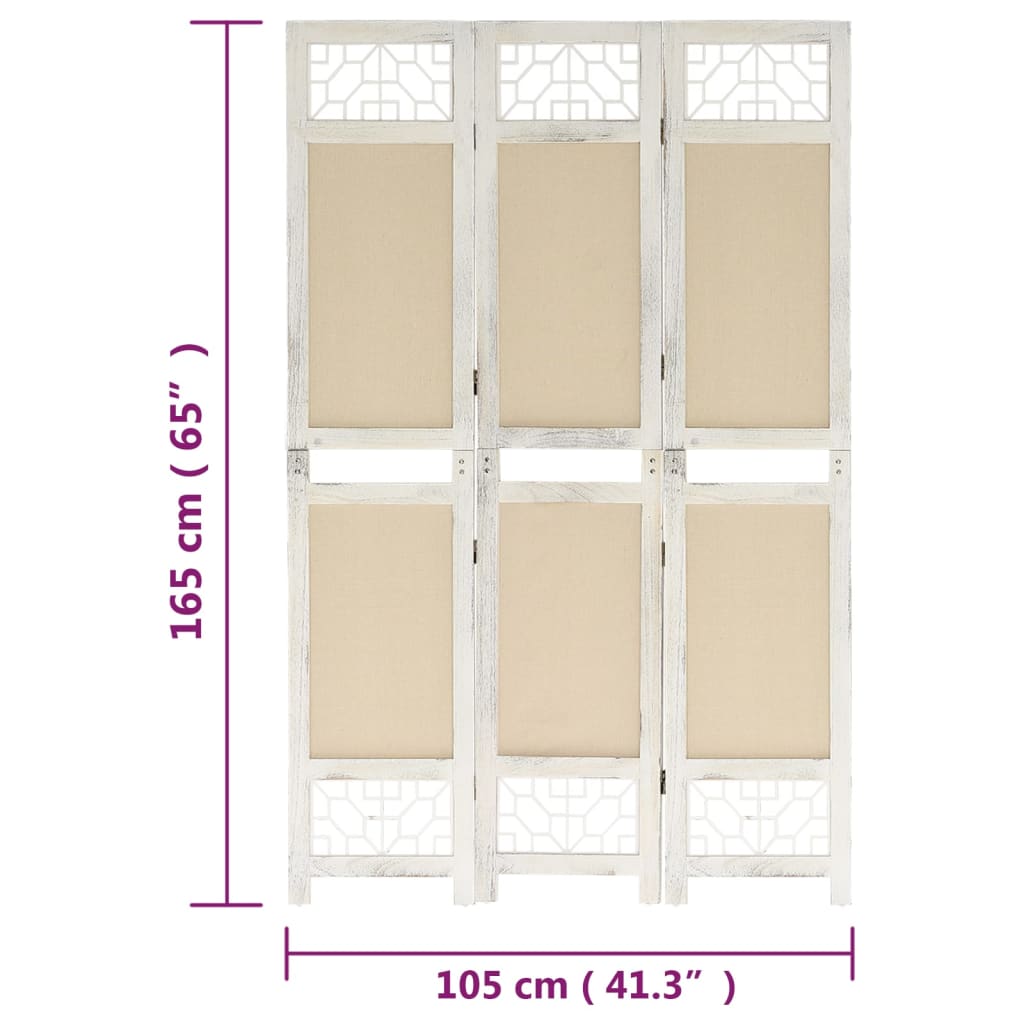 vidaXL Parawan 3-panelowy, kremowy, 105 x 165 cm, tkanina