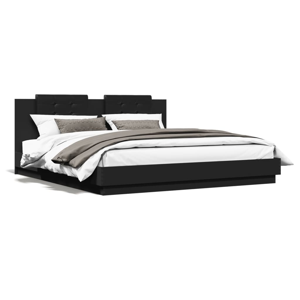 vidaXL Rama łóżka z wezgłowiem i LED, czarna, 180x200 cm