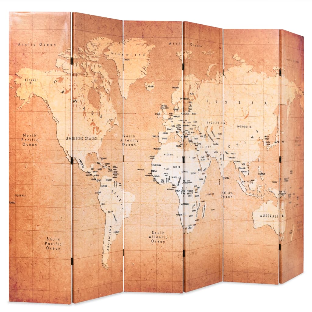 vidaXL Składany parawan, 228x170 cm, mapa świata, żółty