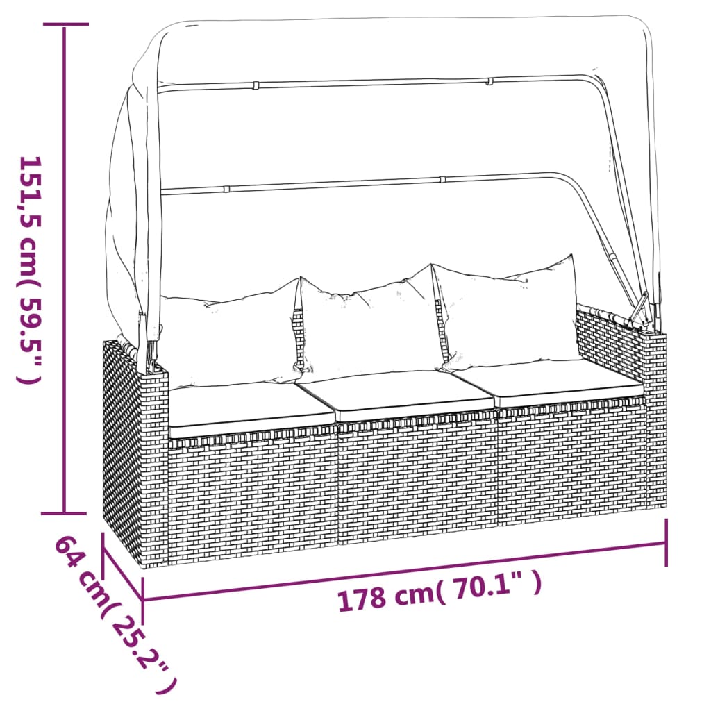 vidaXL 3-os. sofa ogrodowa z daszkiem i podnóżkiem, polirattan, czarna