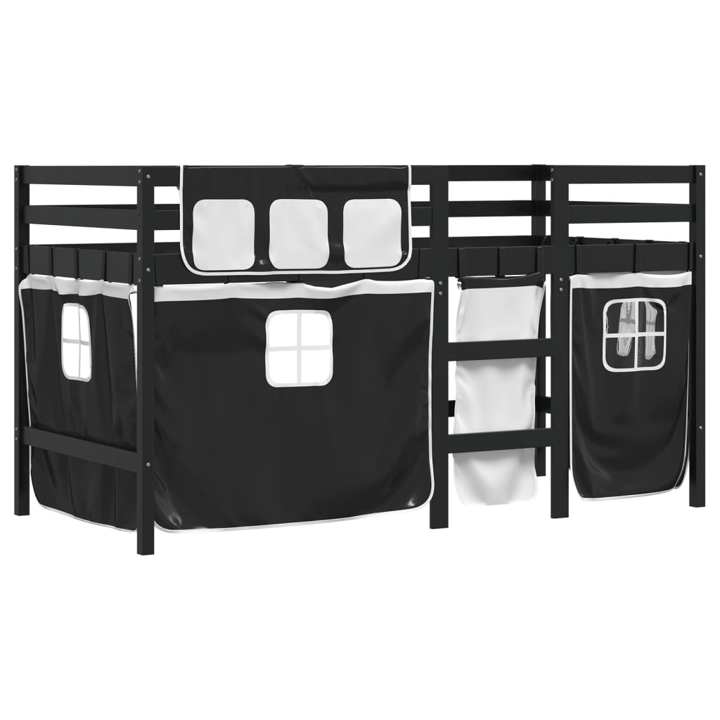 vidaXL Dziecięce łóżko na antresoli, biało-czarne zasłonki, 90x190 cm