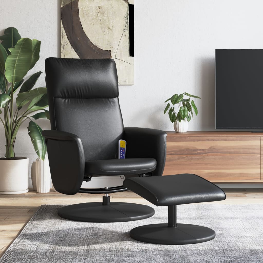vidaXL Rozkładany fotel masujący z podnóżkiem, czarny, sztuczna skóra
