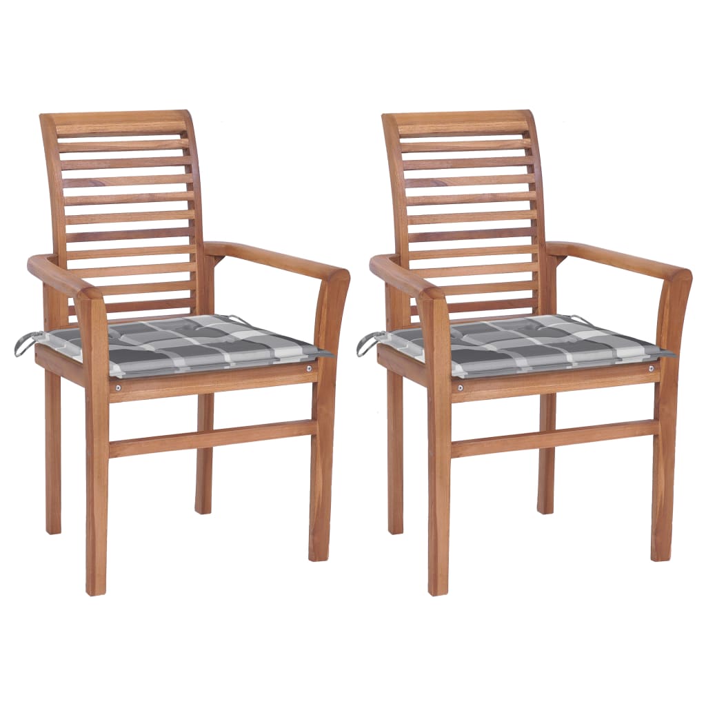 vidaXL Krzesła stołowe, 2 szt., poduszki w szarą kratę, drewno tekowe