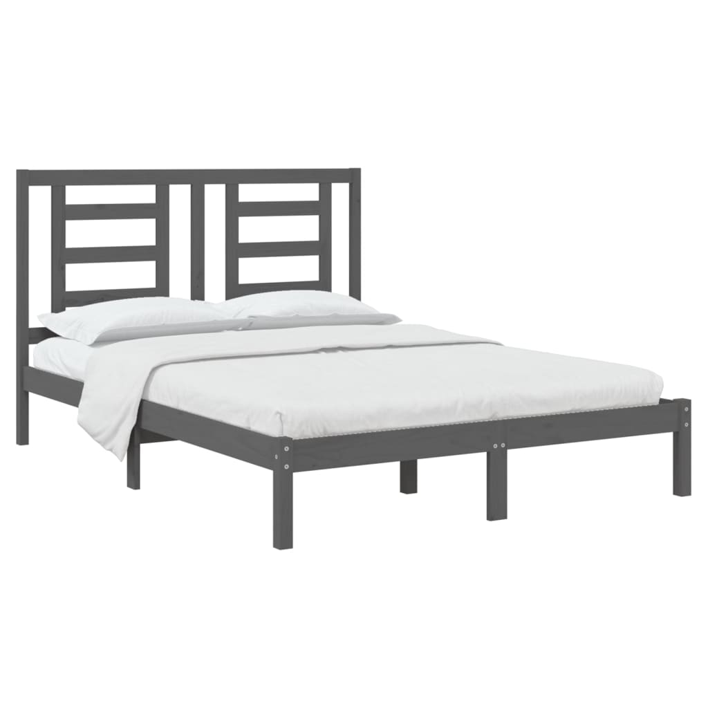 vidaXL Rama łóżka, szara, lite drewno sosnowe, 135x190 cm, podwójna