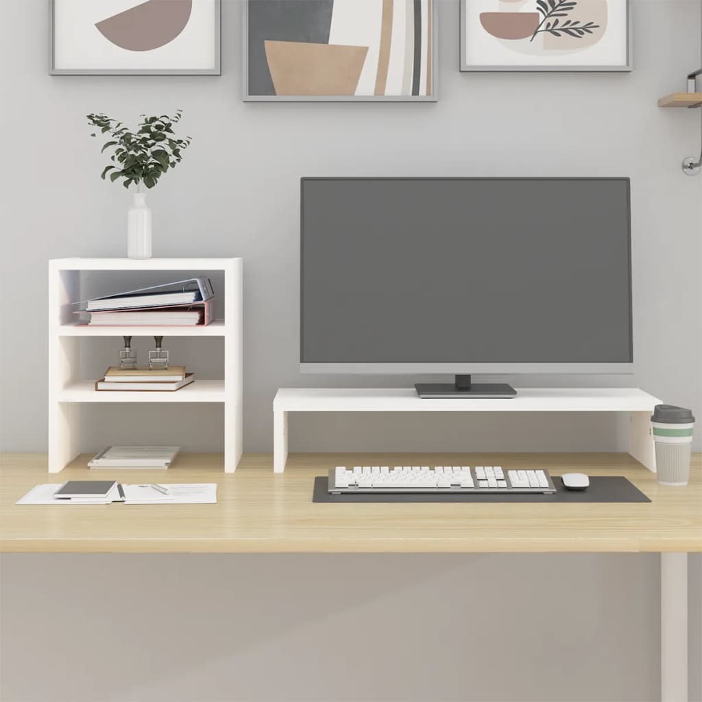 vidaXL Podstawka na monitor, biała, 81x20x30 cm, lite drewno sosnowe
