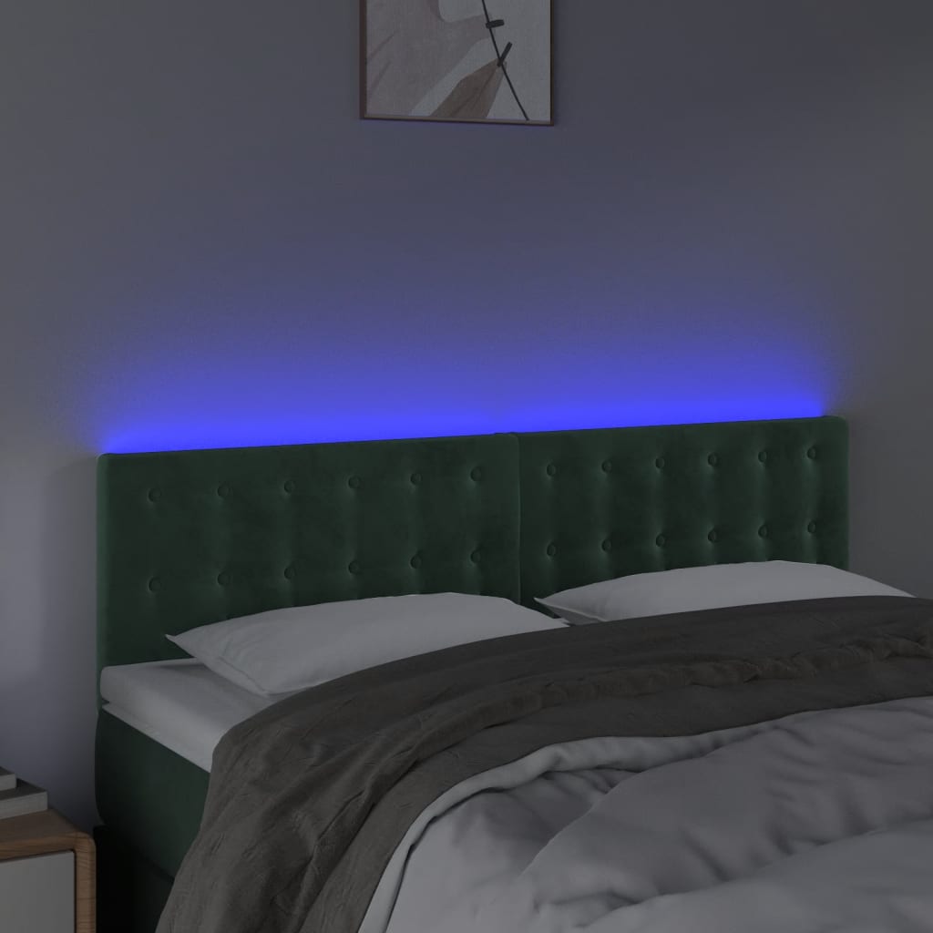vidaXL Zagłówek do łóżka z LED, ciemnozielony, 144x5x78/88 cm, aksamit