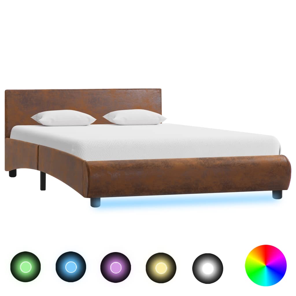 vidaXL Rama łóżka z LED, brązowa, tapicerowana tkaniną, 140 x 200 cm