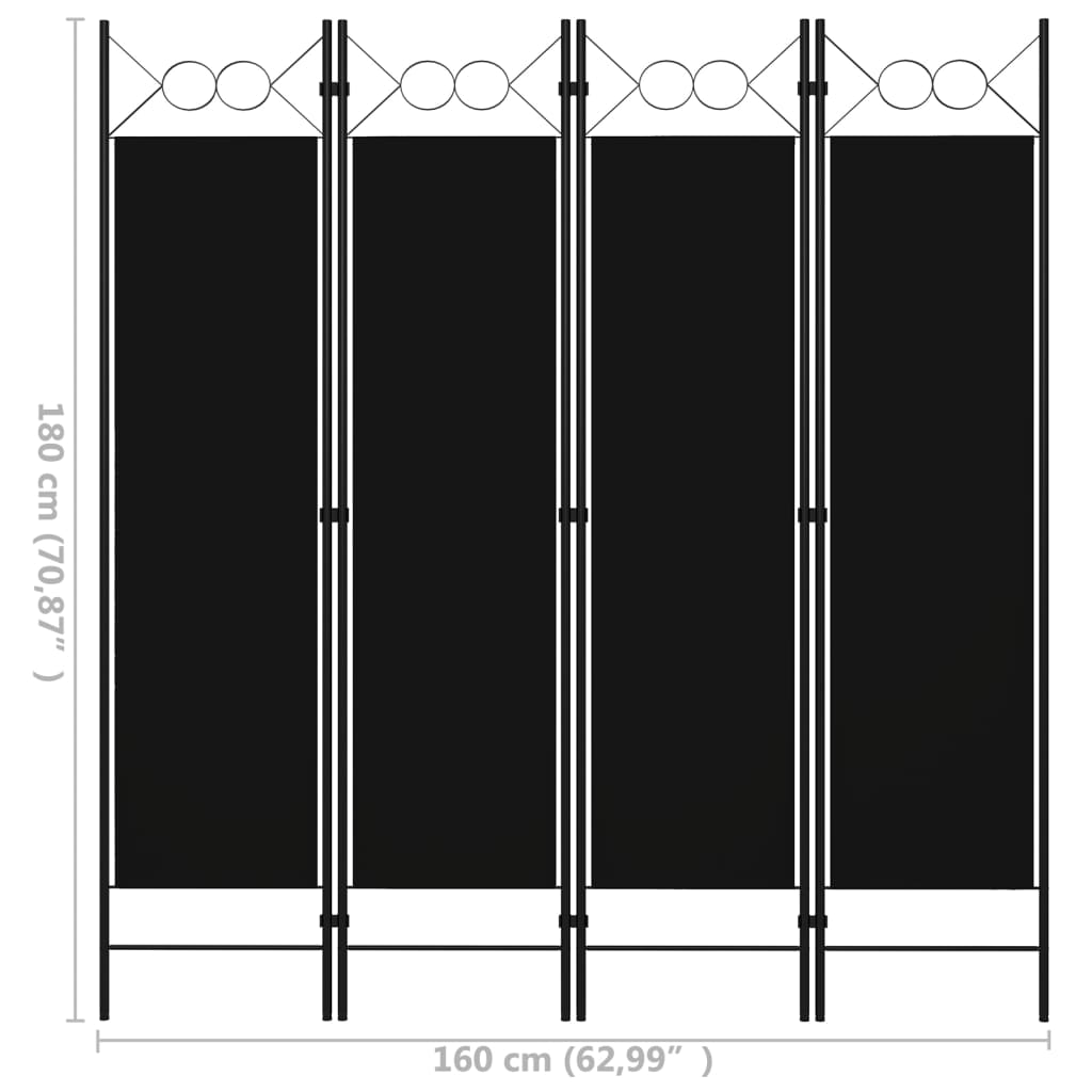 vidaXL Parawan 4-panelowy, czarny, 160 x 180 cm
