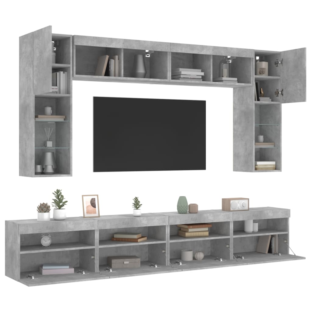 vidaXL 8-cz. zestaw ściennych szafek TV z LED, szarość betonu
