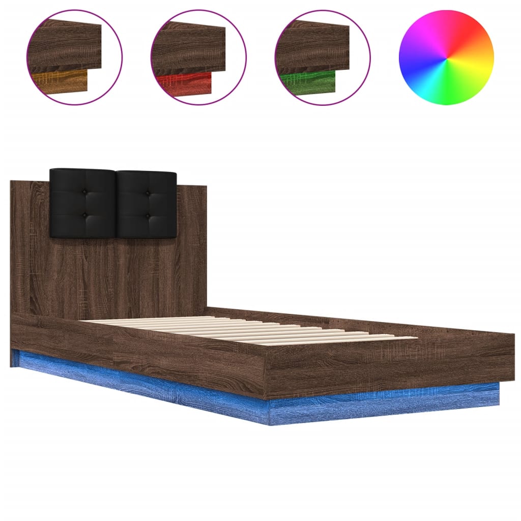 vidaXL Rama łóżka z wezgłowiem i LED, brązowy dąb, 90x200 cm