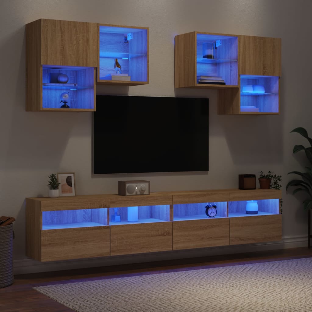 vidaXL 6-cz. zestaw ściennych szafek TV z oświetleniem LED, dąb sonoma