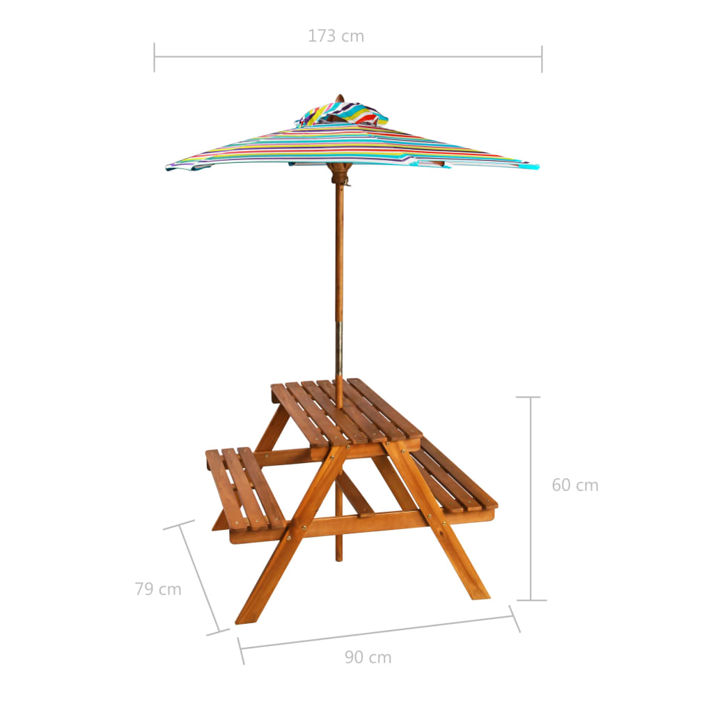vidaXL Dziecięcy stolik piknikowy z parasolem 79x90x60 cm, lita akacja