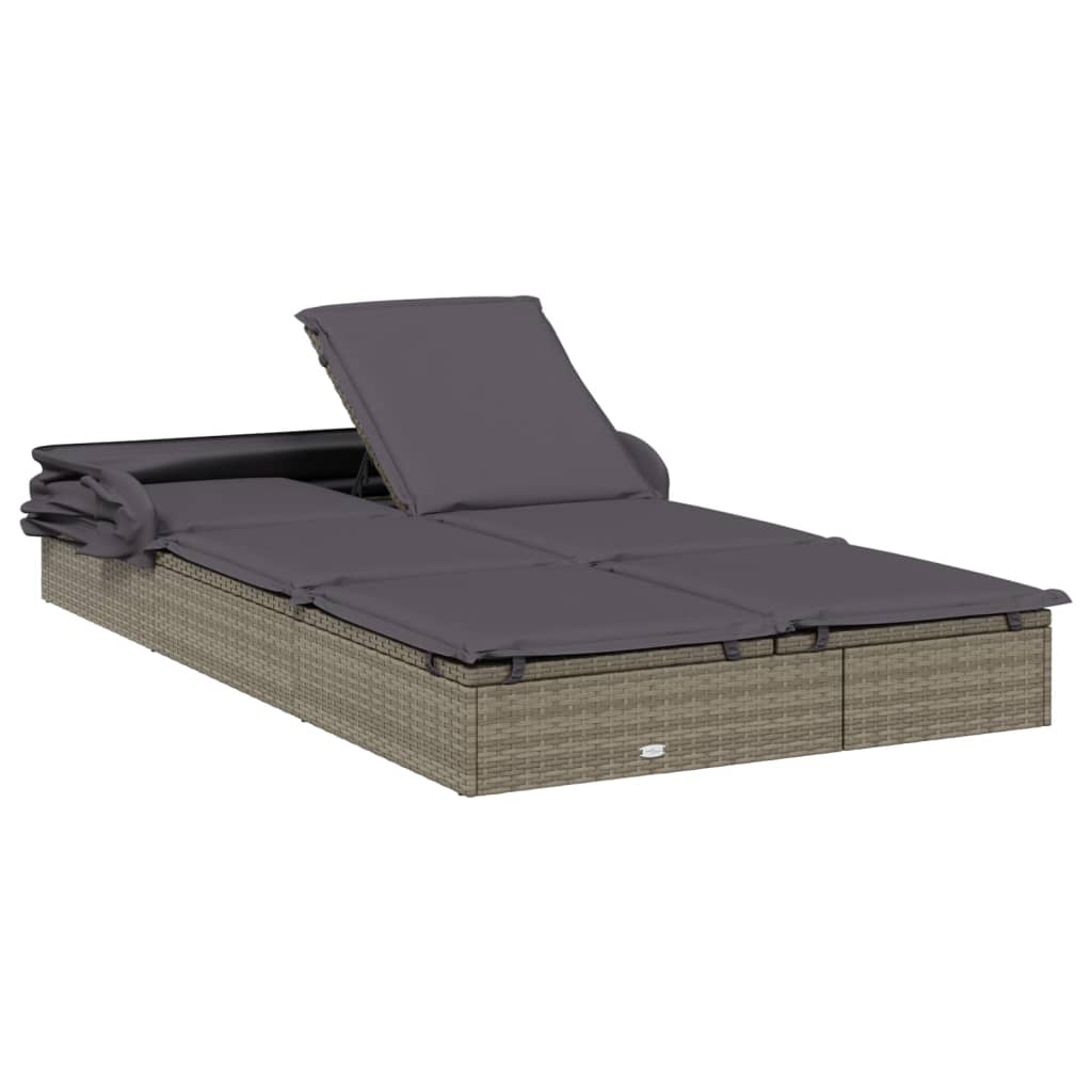 vidaXL Leżak 2-os., składany dach, szary, 213x118x97 cm, polirattan
