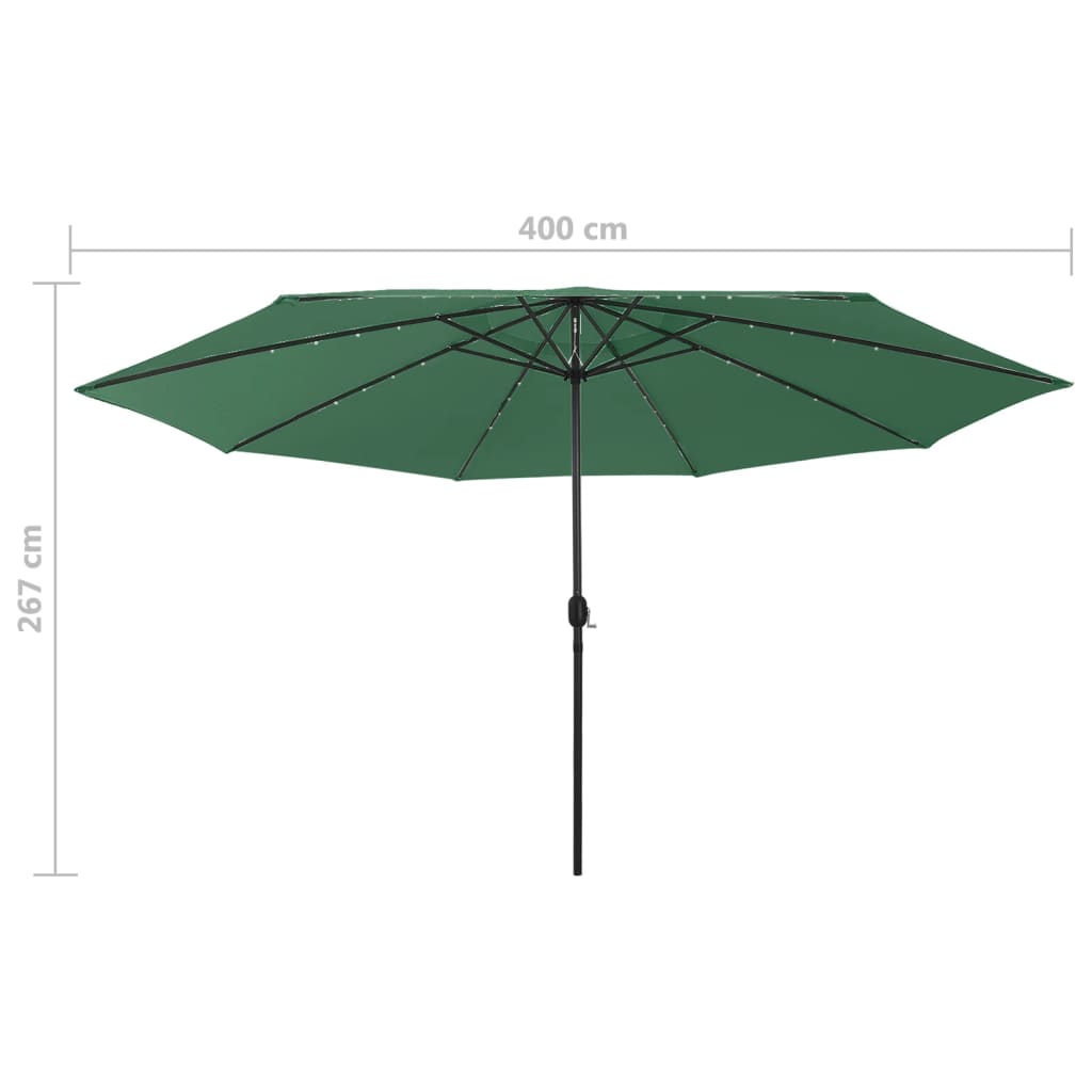 vidaXL Parasol ogrodowy z LED i metalowym słupkiem, 400 cm, zielony
