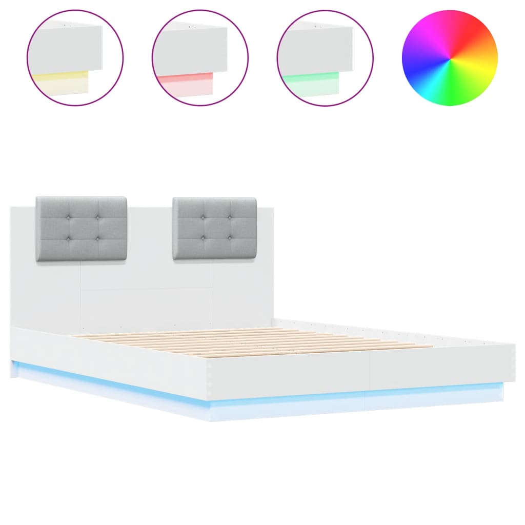vidaXL Rama łóżka z wezgłowiem i LED, biała, 140x190 cm