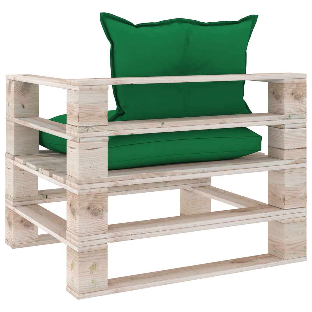 vidaXL Sofa ogrodowa z palet, zielone poduszki, drewno sosnowe