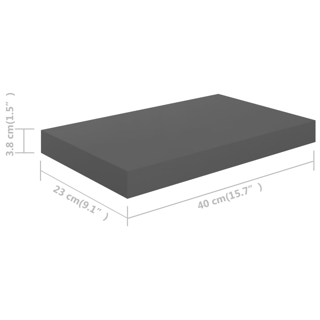 vidaXL Półki ścienne, 2 szt., szare, wysoki połysk, 40x23x3,8 cm, MDF