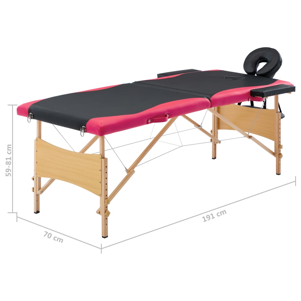 vidaXL Składany stół do masażu, 2-strefowy, drewniany, czarno-różowy