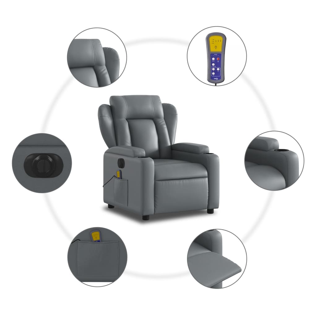 vidaXL Rozkładany fotel masujący, elektryczny, szary, sztuczna skóra