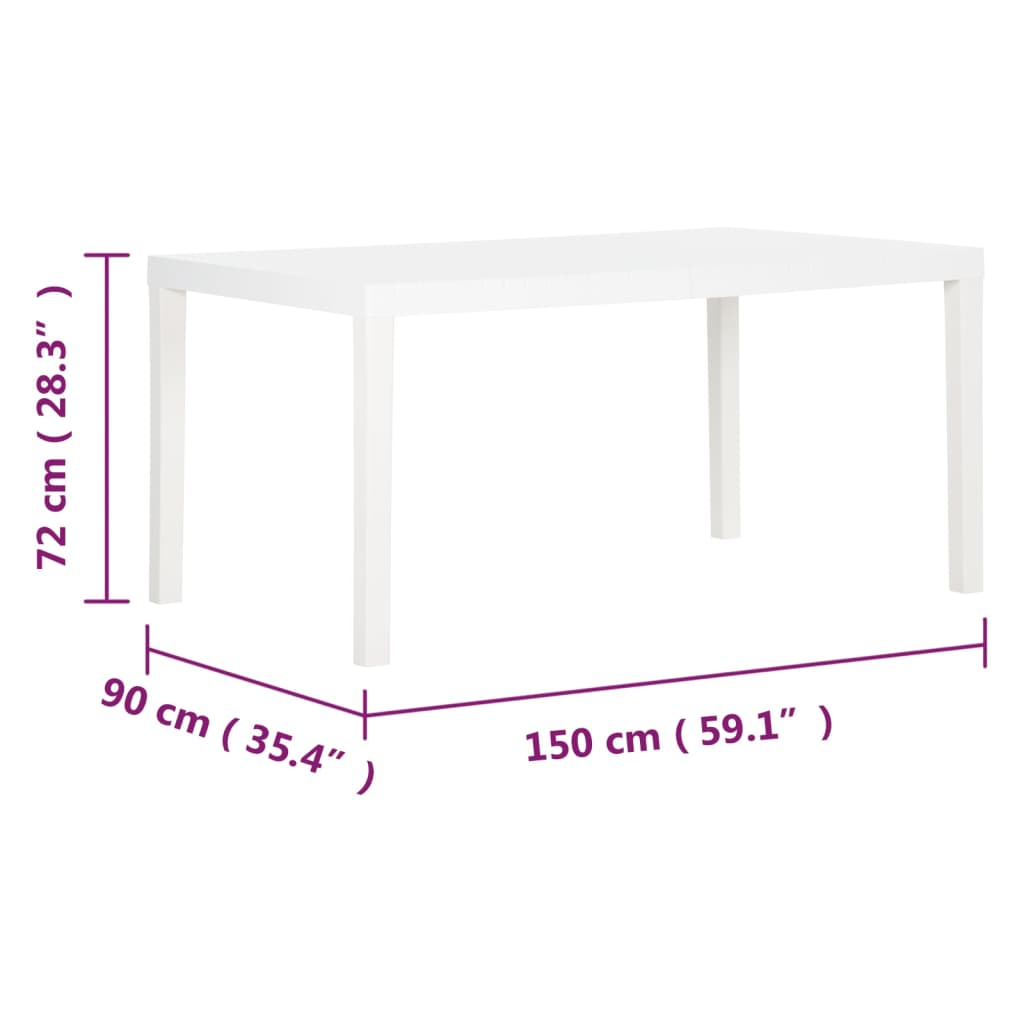 vidaXL Stół ogrodowy, 150x90x72 cm, PP, biały