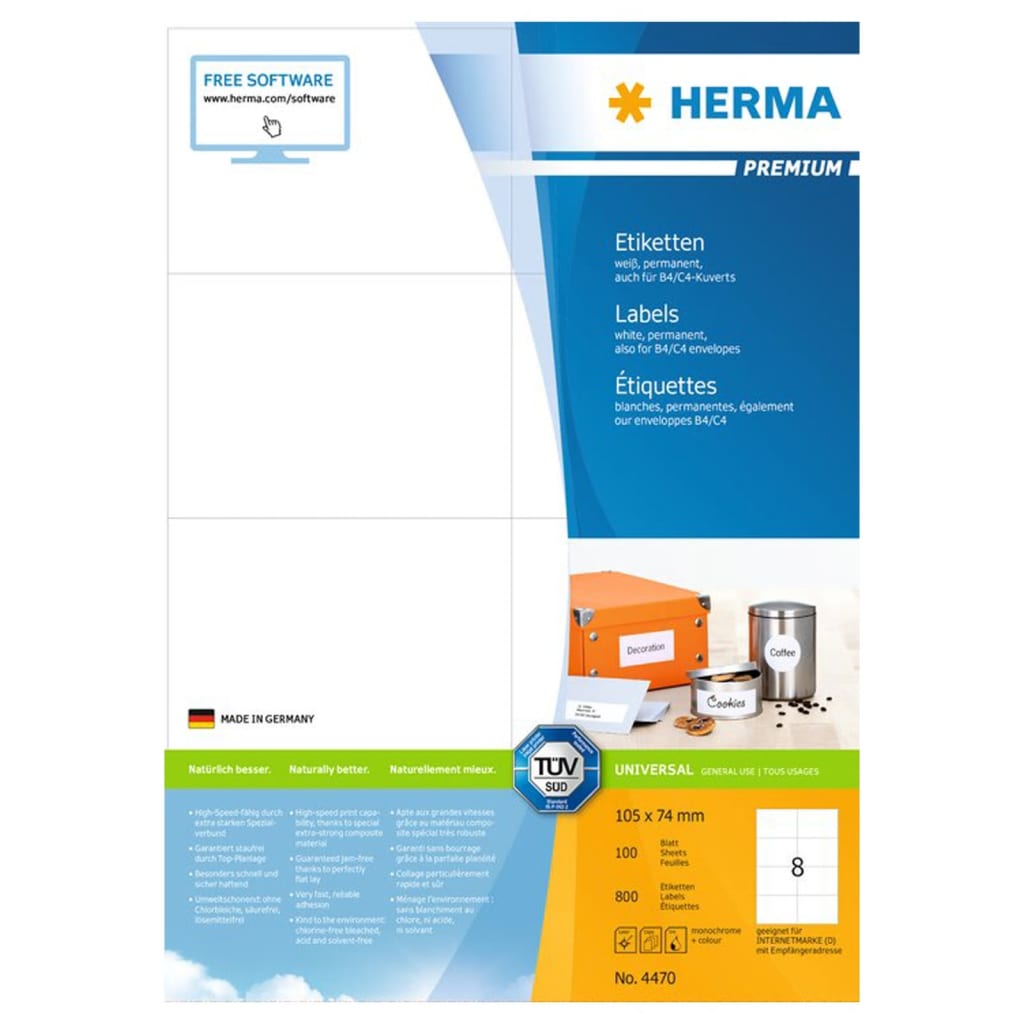 HERMA Etykiety samoprzylepne PREMIUM, 105x74 mm, 100 arkuszy A4