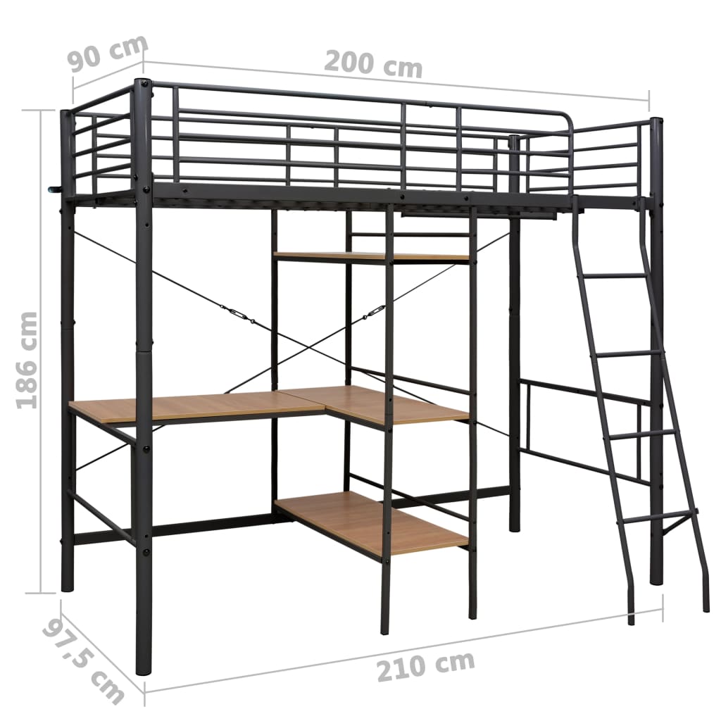 vidaXL Rama łóżka piętrowego z biurkiem, szara, metalowa, 90 x 200 cm
