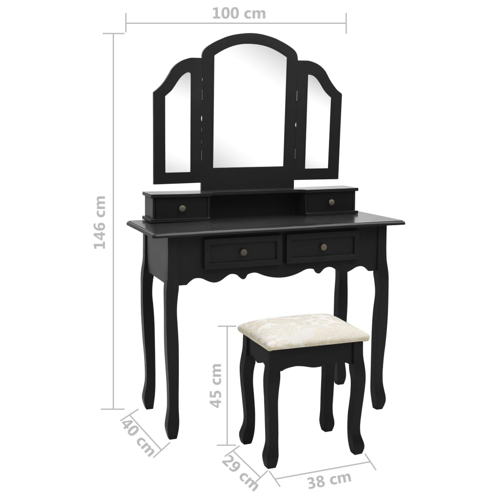 vidaXL Toaletka ze stołkiem, czarna, 100x40x146 cm, drewno paulowni