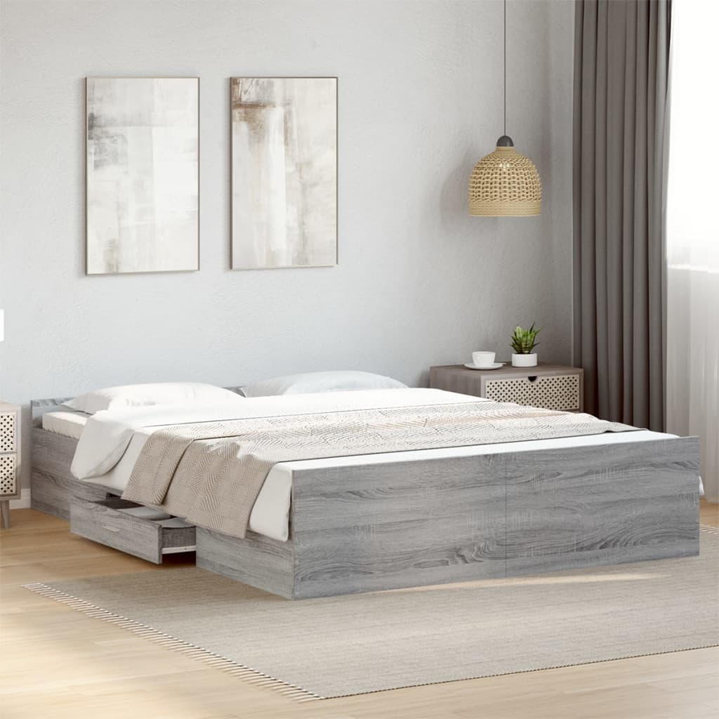 vidaXL Rama łóżka z szufladami, szary dąb sonoma, 150x200 cm