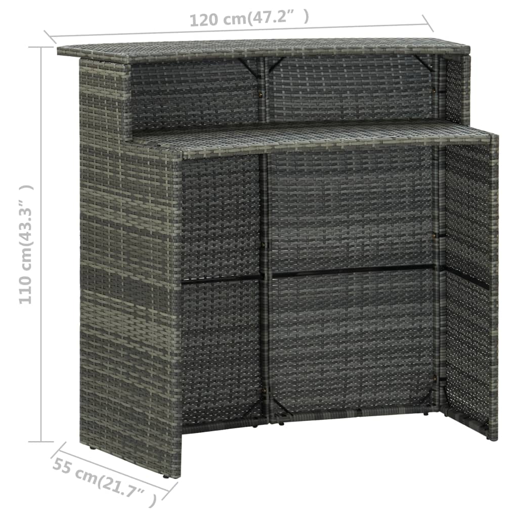 vidaXL Ogrodowy stolik barowy, szary, 120x55x110 cm, polirattan