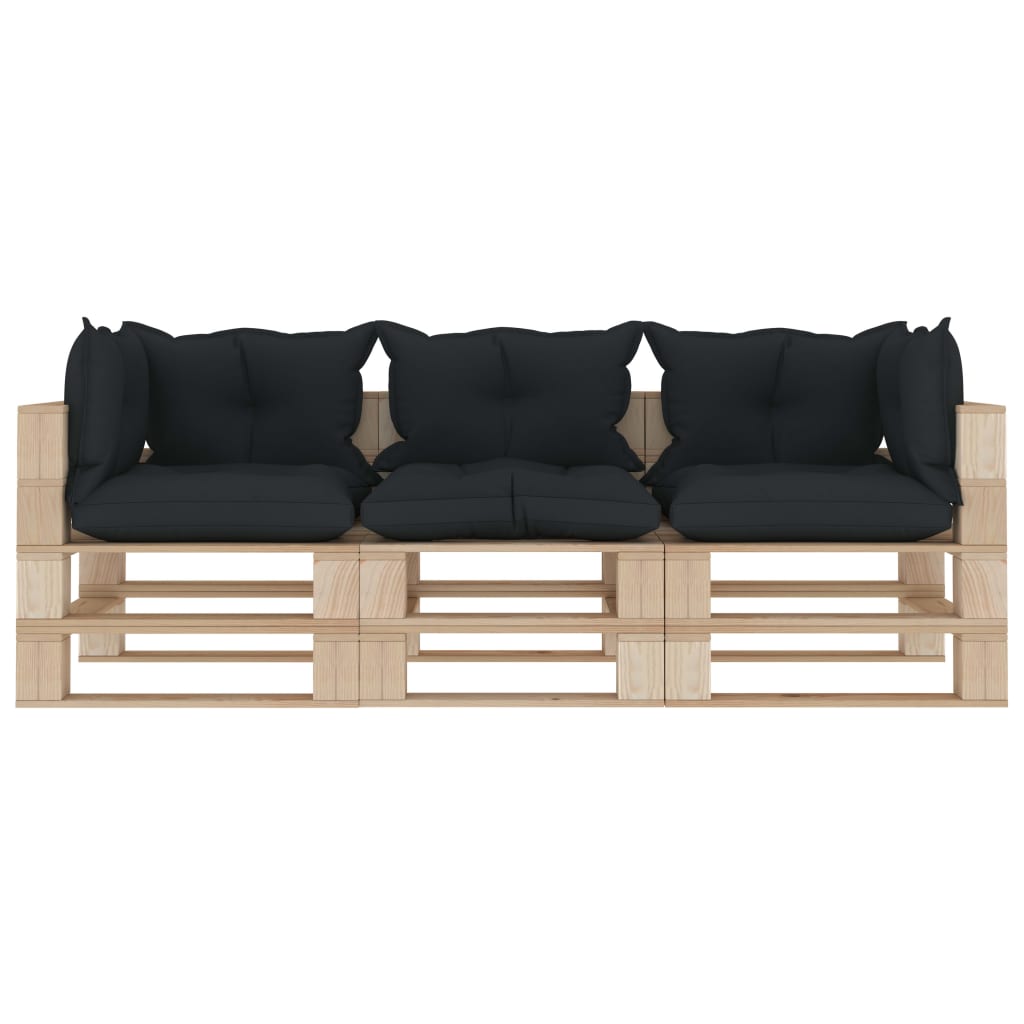 vidaXL Ogrodowa sofa 3-osobowa z palet, antracytowe poduszki, drewno