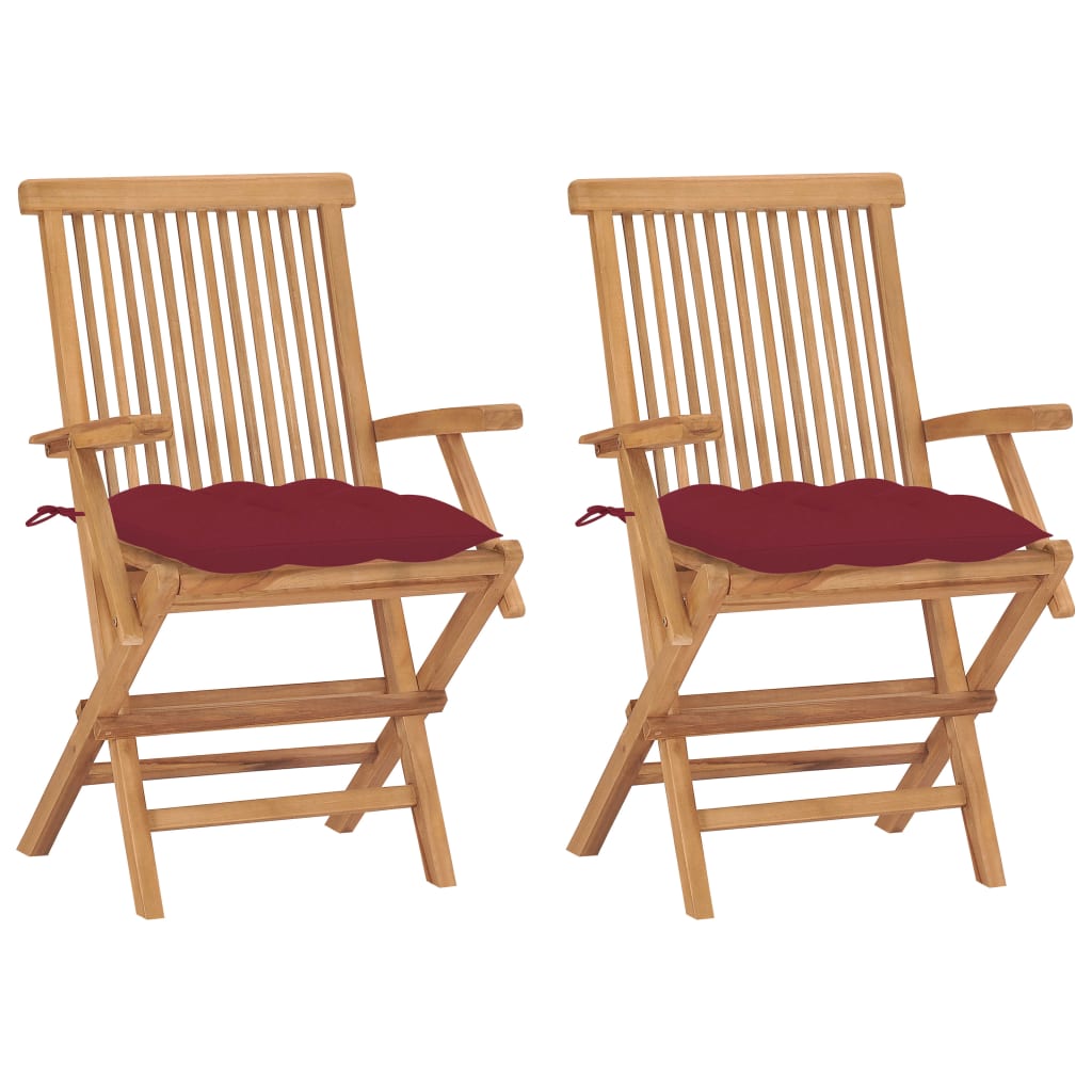 vidaXL Krzesła ogrodowe z poduszkami w kolorze wina, 2 szt., tekowe