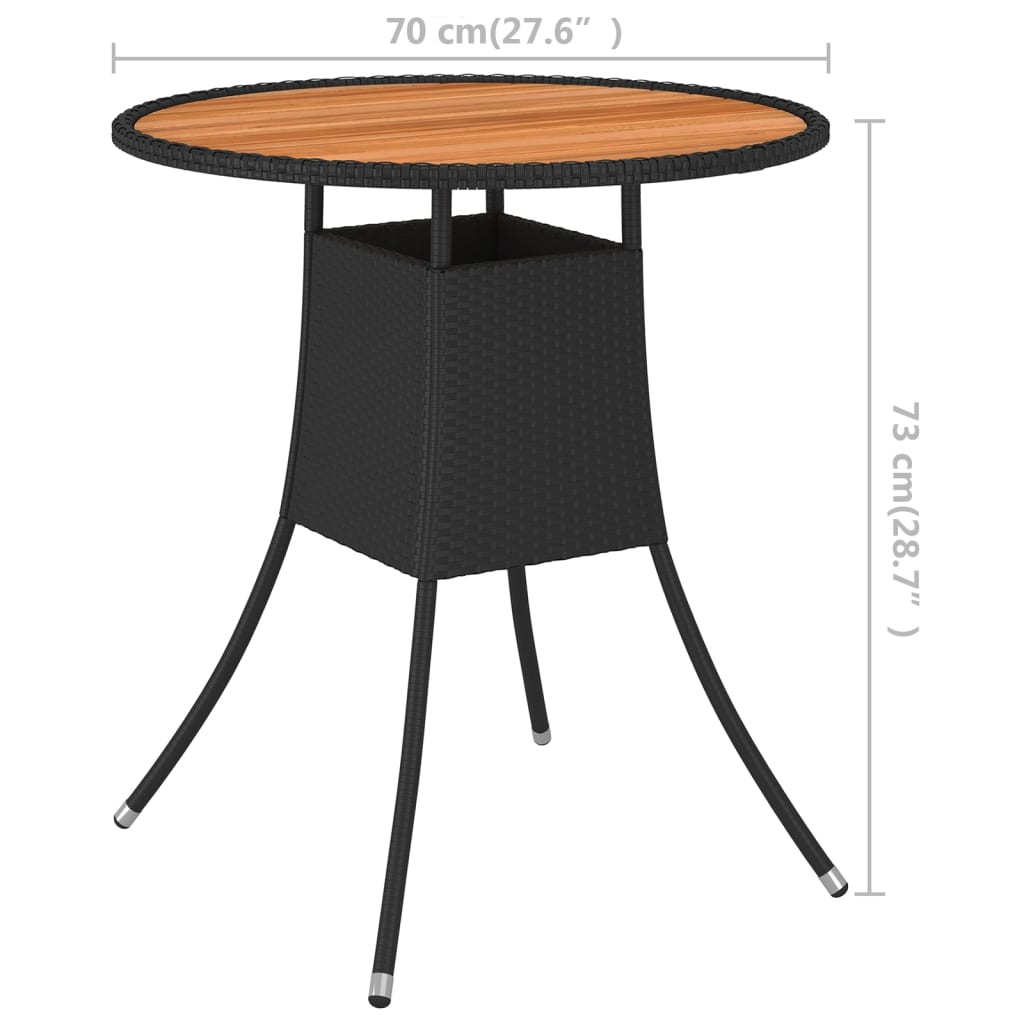 vidaXL Ogrodowy stolik jadalniany, czarny, Ø 70 cm, rattan PE i akacja