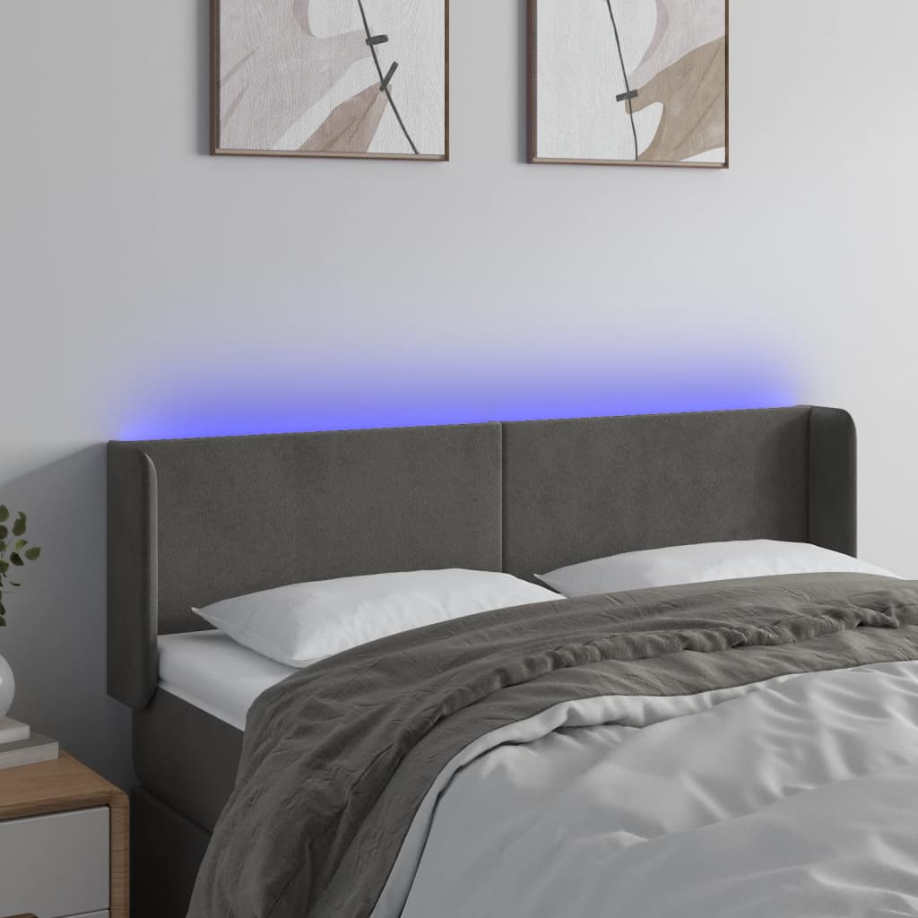 vidaXL Zagłówek do łóżka z LED, ciemnoszary, 147x16x78/88 cm, aksamit
