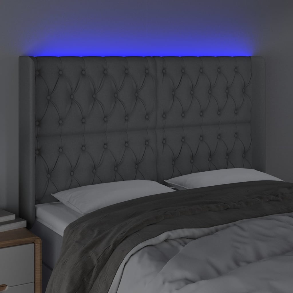 vidaXL Zagłówek do łóżka z LED, jasnoszary, 163x16x118/128 cm, tkanina