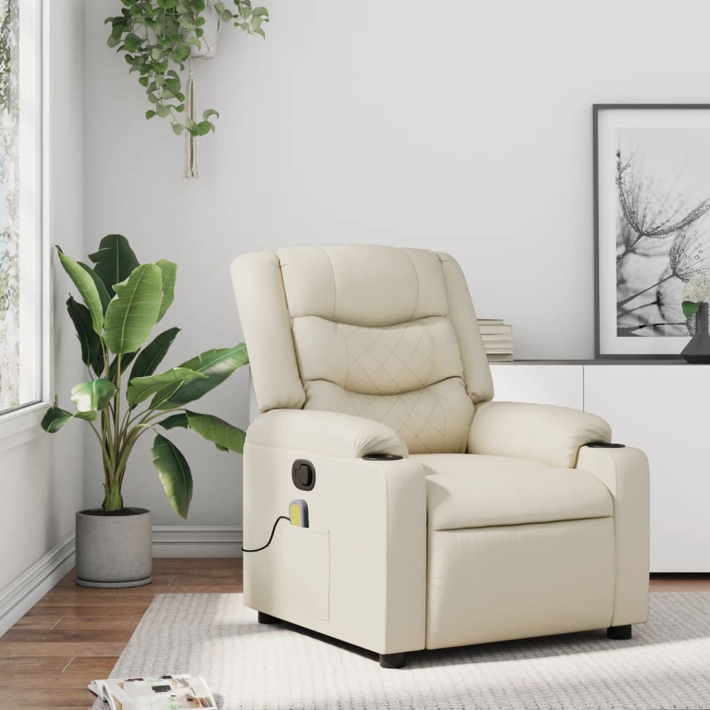 vidaXL Rozkładany fotel masujący, kremowe, sztuczna skóra