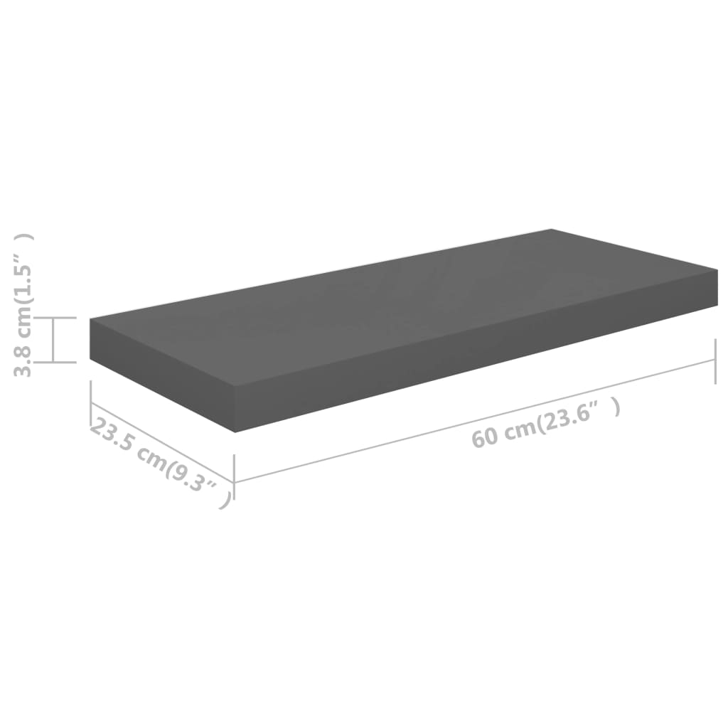 vidaXL Półka ścienna, wysoki połysk, szara, 60x23,5x3,8 cm, MDF