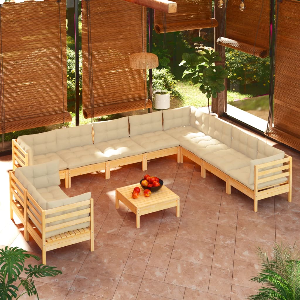 vidaXL 11-cz. zestaw wypoczynkowy do ogrodu, kremowe poduszki, sosnowy