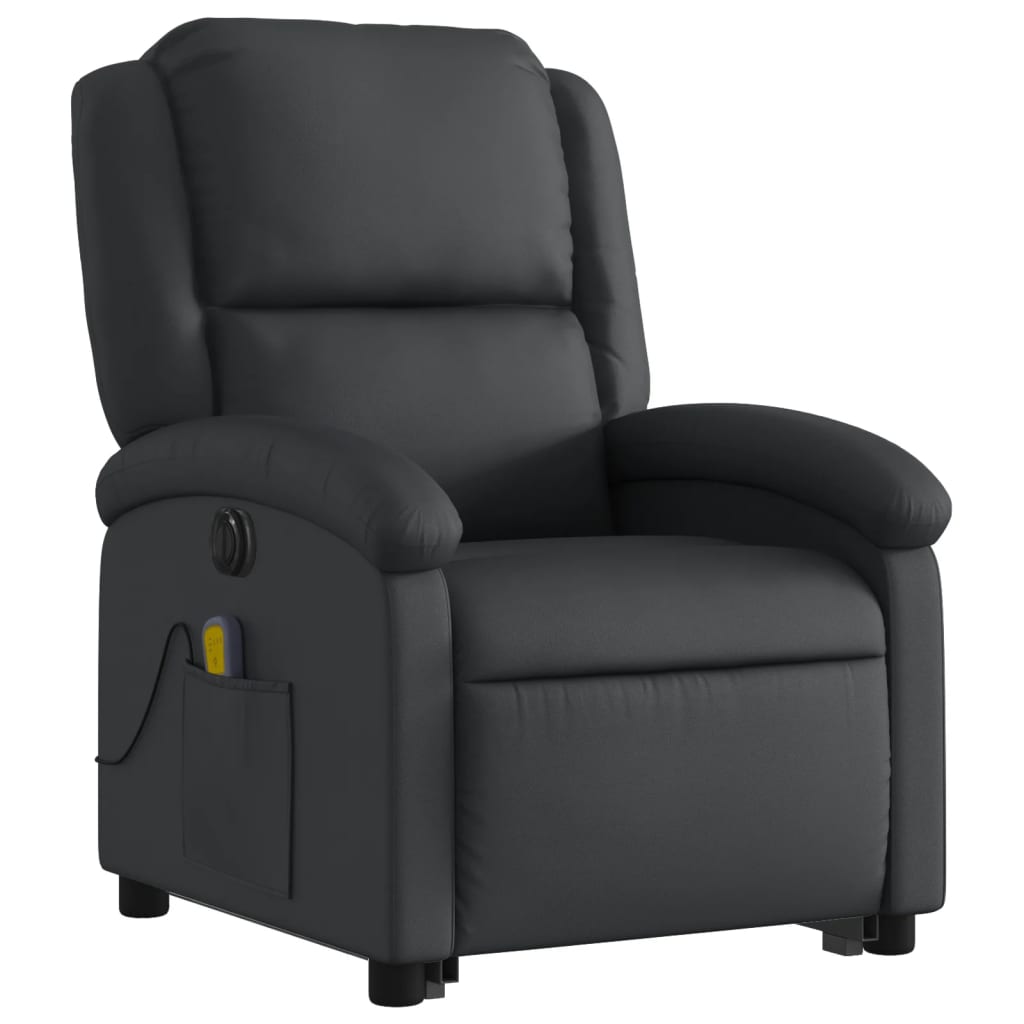 vidaXL Podnoszony fotel masujący, rozkładany, czarny, skóra naturalna