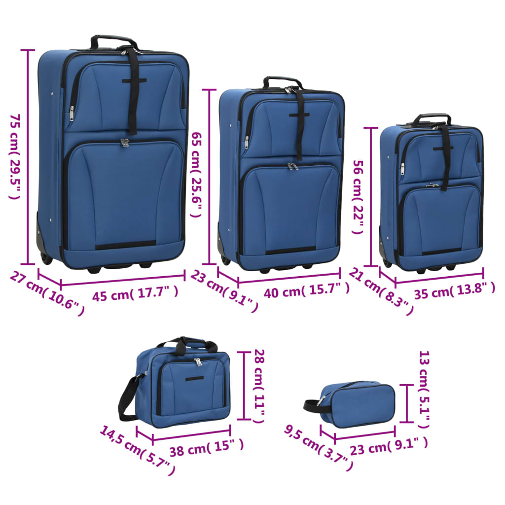vidaXL Zestaw walizek podróżnych, 5 elementów, niebieski, tkanina