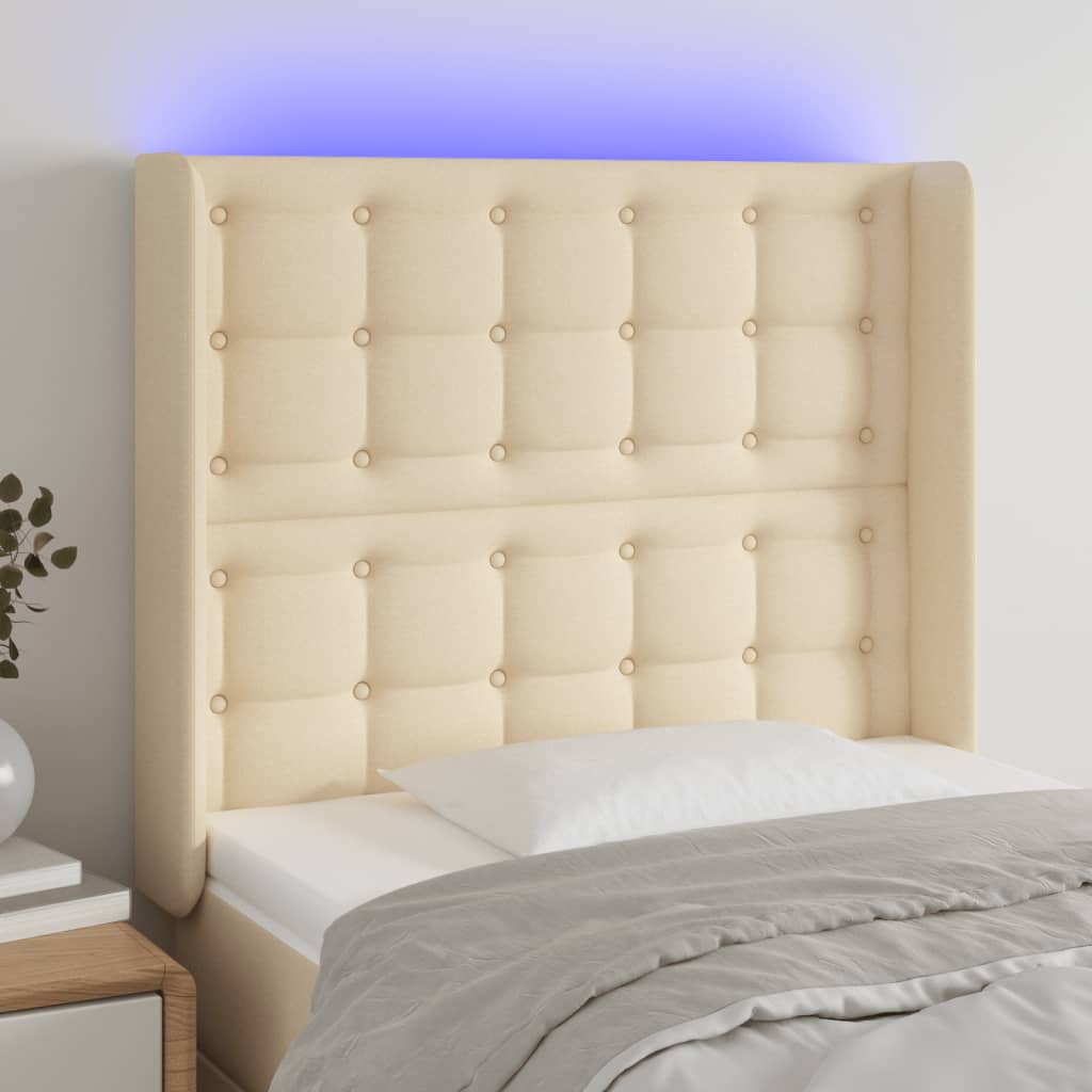 vidaXL Zagłówek do łóżka z LED, kremowy, 83x16x118/128 cm, tkanina