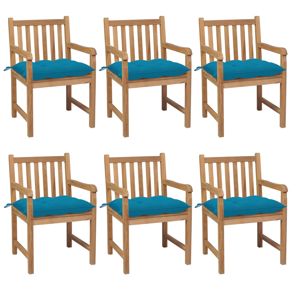 vidaXL Krzesła ogrodowe z jasnoniebieskimi poduszkami, 6 szt., tekowe