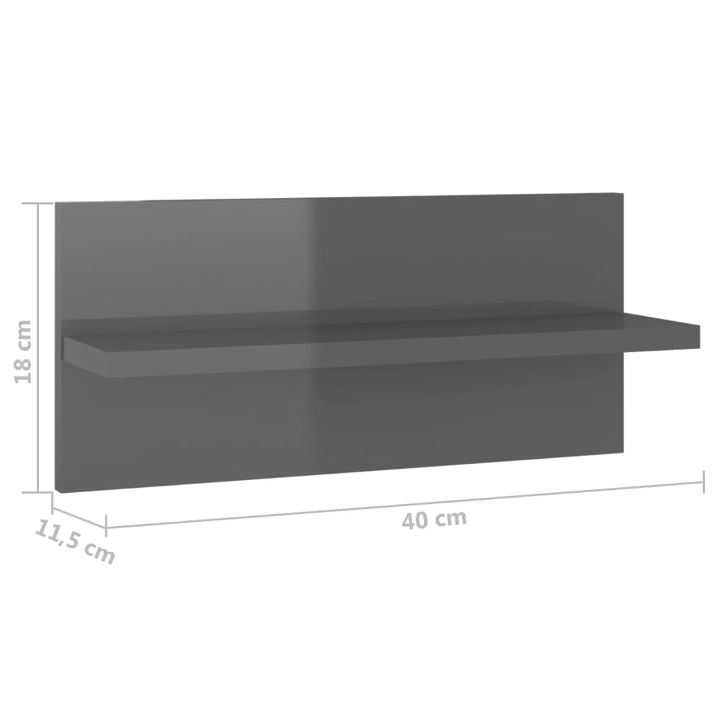 vidaXL Półki ścienne, 4 szt., szare, wysoki połysk, 40 x 11,5 x 18 cm
