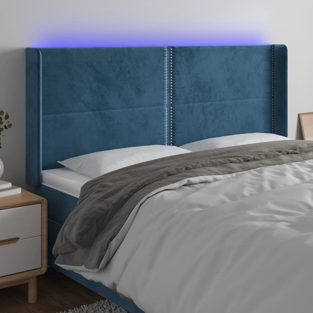 vidaXL Zagłówek do łóżka z LED ciemnoniebieski, 183x16x118/128 cm