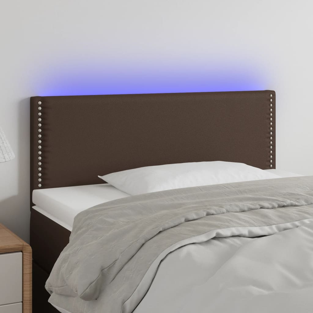 vidaXL Zagłówek do łóżka z LED, brązowy, 90x5x78/88 cm, sztuczna skóra